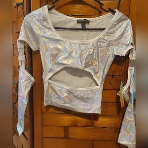 Dollskill Current Mood Hologram Rave Cut-Out Top w/ Detachable Sleeves